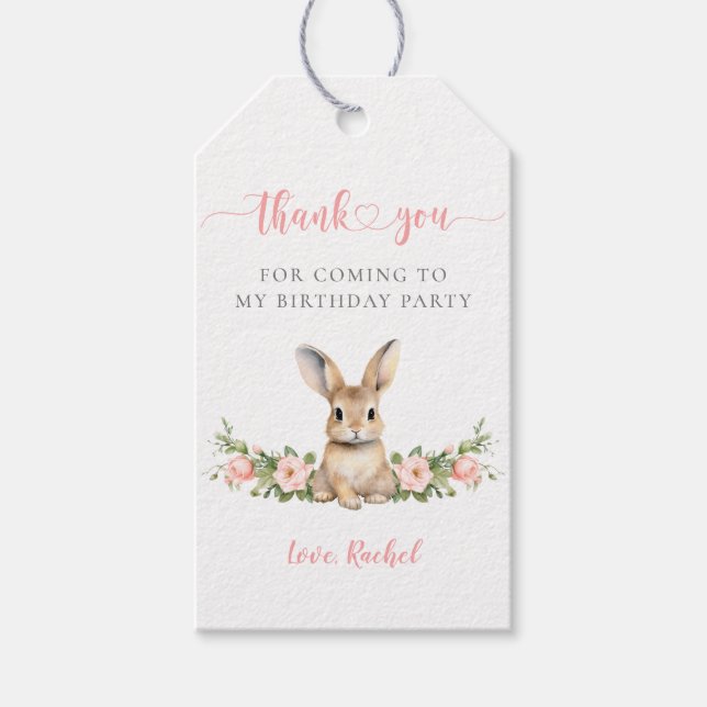 Cute Rosa Blommigt Bunny Girl 1:a födelsedagen Tac Presentetikett (Framsidan)