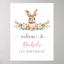 Cute Rosa Blommigt Bunny Girl 1:a födelsedagen Väl Poster