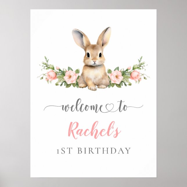 Cute Rosa Blommigt Bunny Girl 1:a födelsedagen Väl Poster (Framsidan)