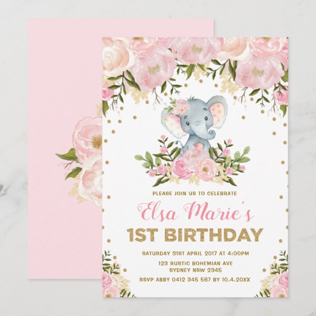 Cute  Rosa Blommigt Elefant 1:a födelsedagen Party Inbjudningar (Fram/baksida)