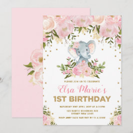 Cute  Rosa Blommigt Elefant 1:a födelsedagen Party Inbjudningar