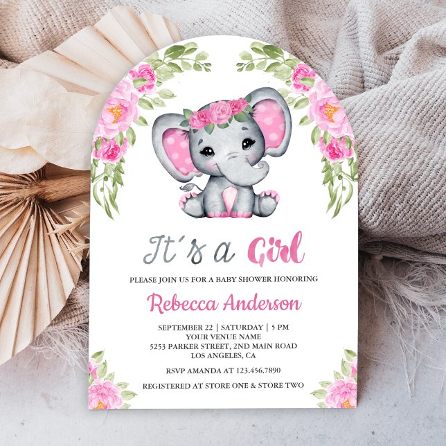 Cute Rosa Blommigt Elephant Arch Baby Shower Inbjudningar (Skapare uppladdad)