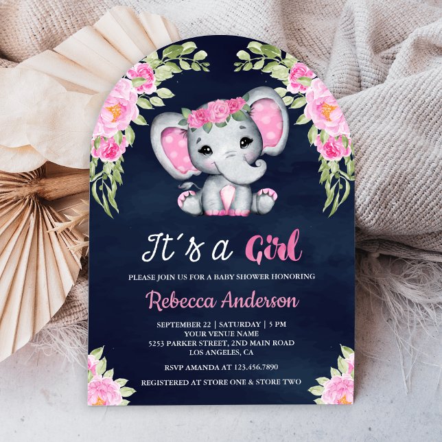 Cute Rosa Blommigt Elephant Arch Navy Baby Shower Inbjudningar (Skapare uppladdad)