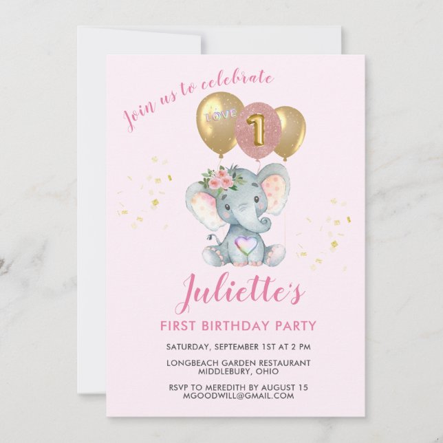 Cute Rosa Blommigt Elephant First Birthday Girl Inbjudningar (Framsida)