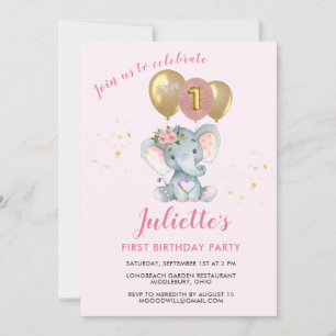 Cute Rosa Blommigt Elephant First Birthday Girl Inbjudningar