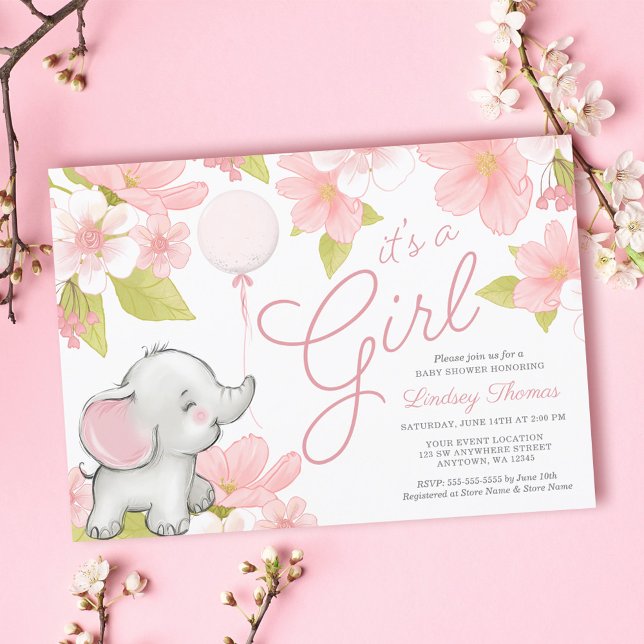 Cute Rosa Blommigt Elephant Girl Baby Shower Inbjudningar (Skapare uppladdad)