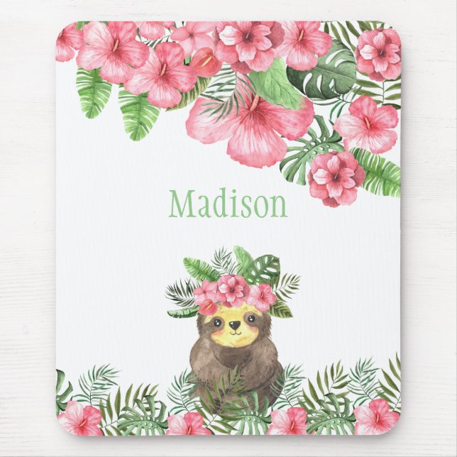 Cute Rosa Blommigt Hawaiian Sloth Animal Namn Musmatta (Framsidan)