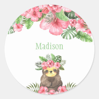 Cute Rosa Blommigt Hawaiian Sloth Animal Namn Runt Klistermärke