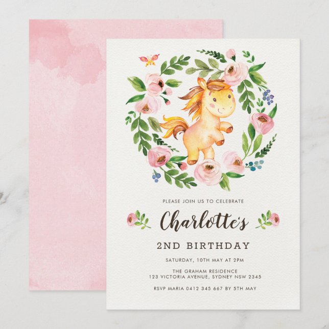 Cute  Rosa Blommigt Horse Pony Girl Birthday Inbjudningar (Fram/baksida)