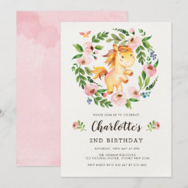 Cute  Rosa Blommigt Horse Pony Girl Birthday Inbjudningar