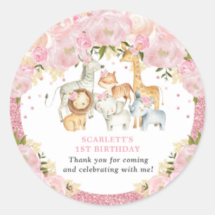 Cute Rosa Blommigt Jungle Birthday Baby Shower Runt Klistermärke