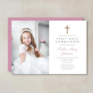 Cute Rosa Blommigt Kor Photo Girl First Communion Inbjudningar