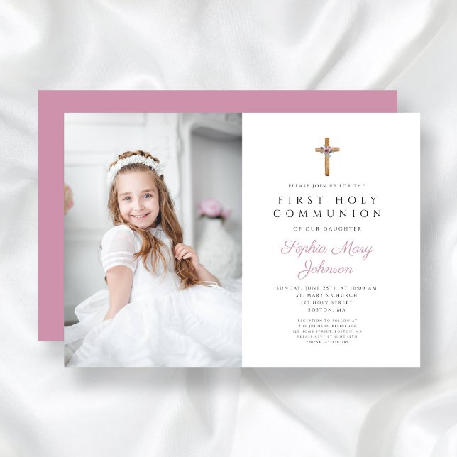 Cute Rosa Blommigt Kor Photo Girl First Communion Inbjudningar (Cute Pink Floral Cross Photo Girl First Communion Invitation)