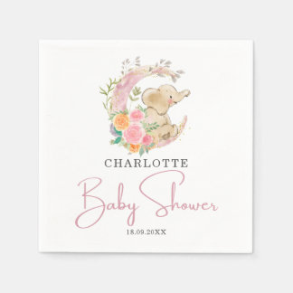 Cute Rosa Blommigt Måne Girl Elephant Baby Shower Pappersservett