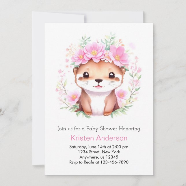 Cute Rosa Blommigt Otter Girl Baby Shower Inbjudningar (Framsida)
