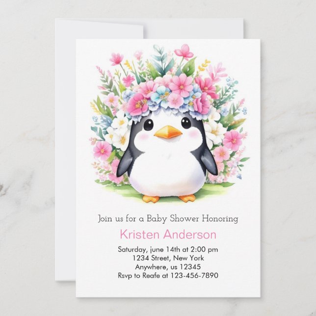 Cute Rosa Blommigt Penguin Wonderland Baby Shower Inbjudningar (Framsida)