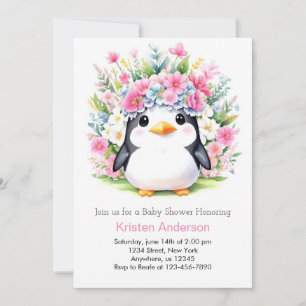 Cute Rosa Blommigt Penguin Wonderland Baby Shower Inbjudningar