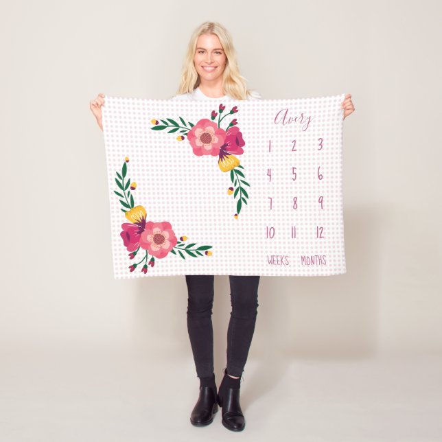 Cute Rosa Blommigt Polka Dot Baby Milestone Fleecefilt (På plats)