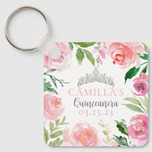 Cute Rosa Blommigt Quinceañera Silver Tiara Anpass Nyckelring