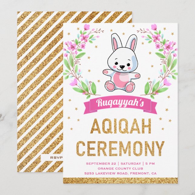 Cute Rosa Blommigt Sweet Bunny Rabbit Aqiqah Inbjudningar (Fram/baksida)