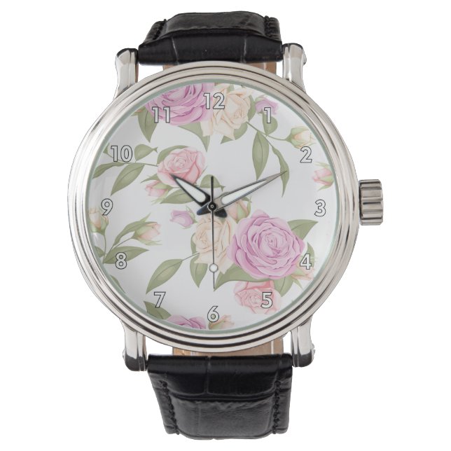 Cute Rosa Blommigt Teckning Armbandsur (Framsida)
