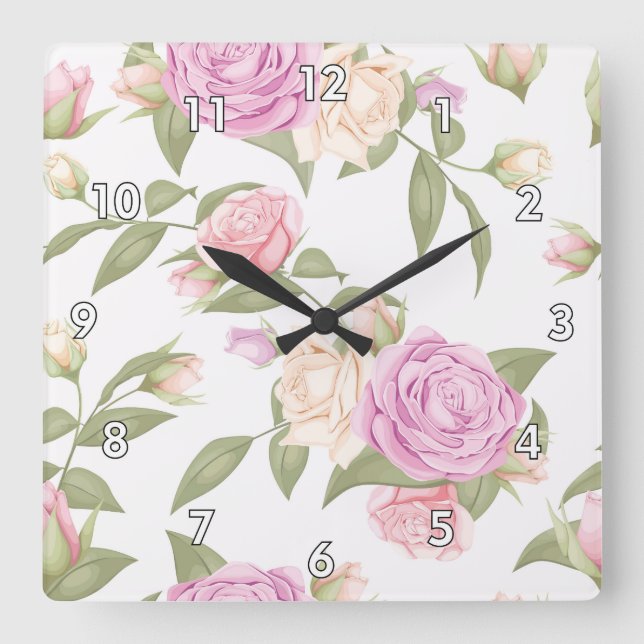 Cute Rosa Blommigt Teckning Fyrkantig Klocka (Framsida)