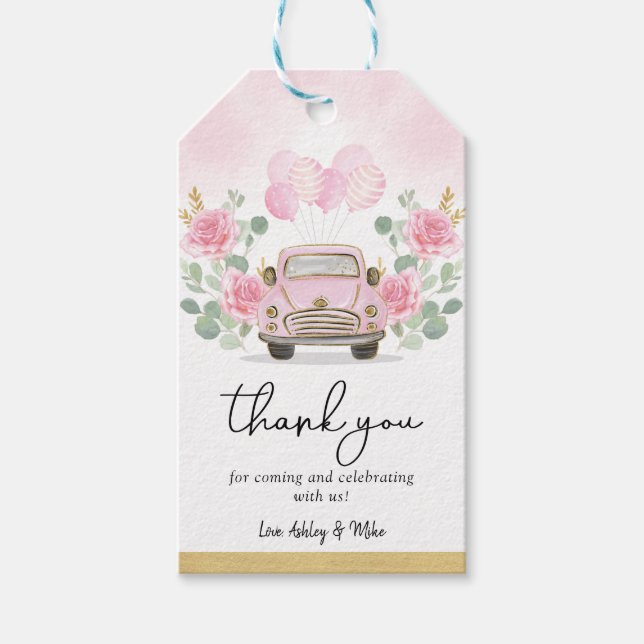 Cute Rosa Blommigt Travel Drive Thru Baby Shower Presentetikett (Framsidan)