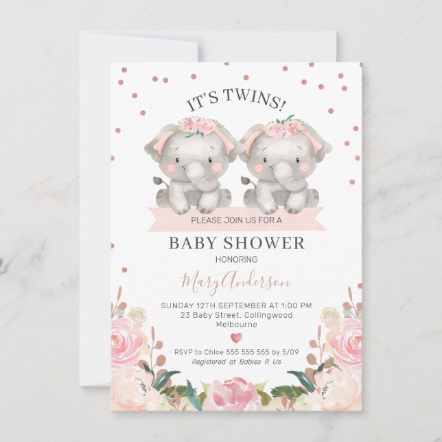 Cute Rosa Blommigt Twin Girls Elephants Baby Showe Inbjudningar (Framsida)