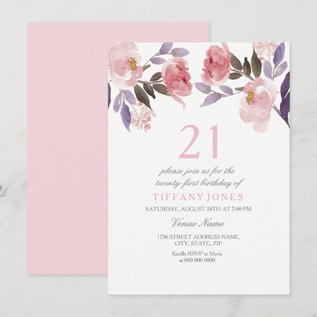Cute Rosa Blommigt Watercolor 21 Birthday Inbjudan (Fram/baksida)