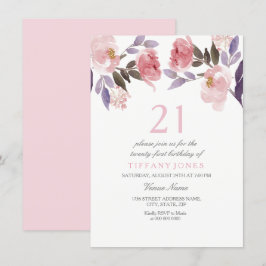 Cute Rosa Blommigt Watercolor 21 Birthday Inbjudan