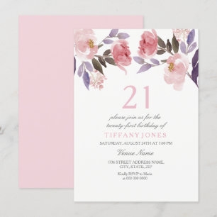 Cute Rosa Blommigt Watercolor 21 Birthday Inbjudan