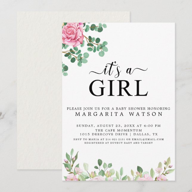 Cute Rosa  Blommigt Watercolor Girl Baby Shower Inbjudningar (Fram/baksida)