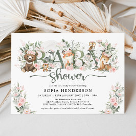 Cute Rosa Blommigt Woodland Animals Girl Baby Show Inbjudningar