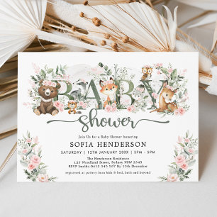 Cute Rosa Blommigt Woodland Animals Girl Baby Show Inbjudningar