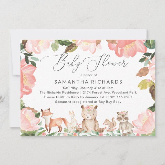 Cute Rosa Blommigt Woodland Animals Girl Baby Show Inbjudningar (Framsida)