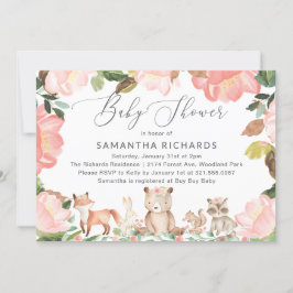 Cute Rosa Blommigt Woodland Animals Girl Baby Show Inbjudningar