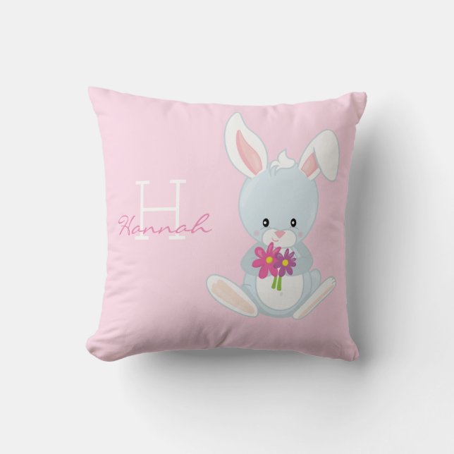 Cute Rosa Blommigt Woodland Bunny Rabbit Monogram Kudde (Framsida)