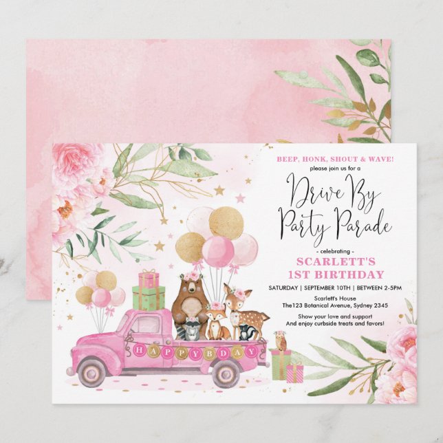 Cute Rosa Blommigt Woodland Drive by Birday Parad Inbjudningar (Fram/baksida)