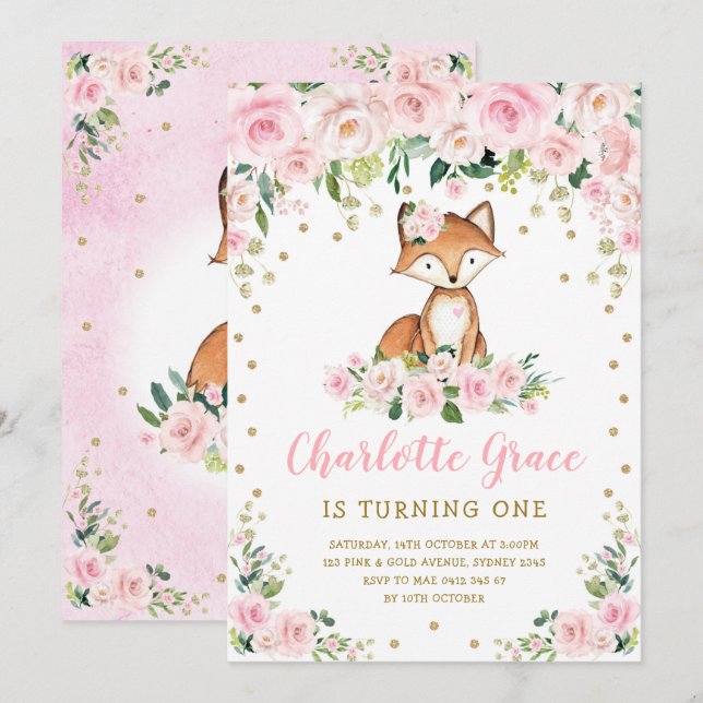 Cute Rosa  Blommigt Woodland Fox Girls Birthday Inbjudningar (Fram/baksida)