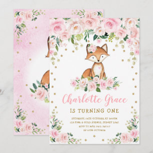 Cute Rosa  Blommigt Woodland Fox Girls Birthday Inbjudningar