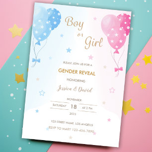 Cute Rosa Blue Balloons Boy eller Girl Gender Reve Inbjudningar