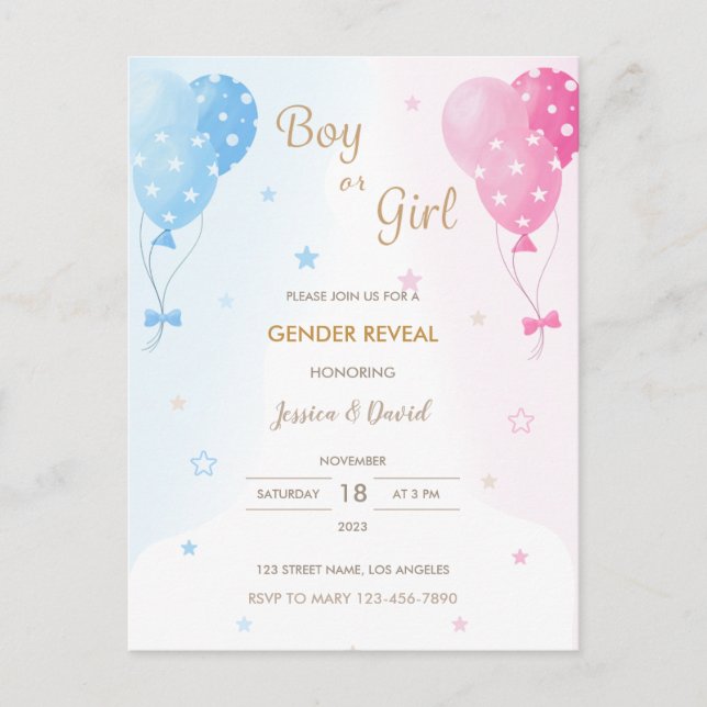Cute Rosa Blue Balloons Boy eller Girl Gender Reve Vykort (Framsida)