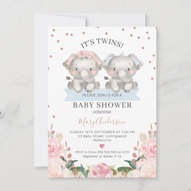 Cute Rosa Blue Blommigt Twin Elephants Baby Shower Inbjudningar (Framsida)
