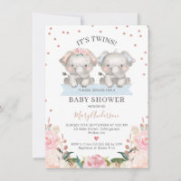 Cute Rosa Blue Blommigt Twin Elephants Baby Shower