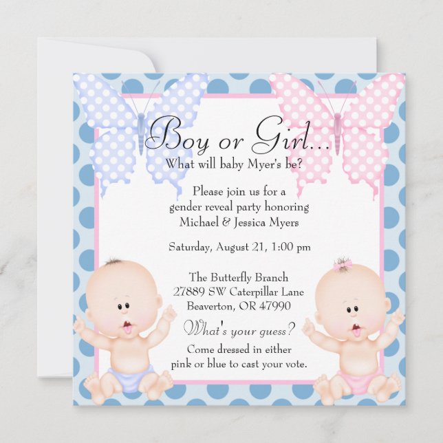Cute Rosa & Blue Butterfly Gender Reveal Inbjudan (Framsida)
