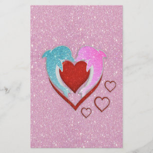 Cute rosa blue dolphins som håller ett rött hjärta