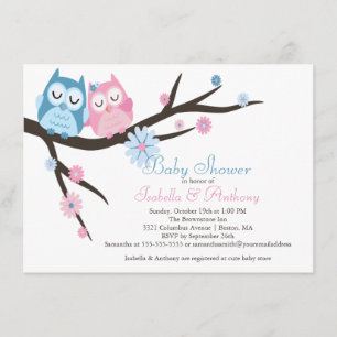 Cute Rosa & Blue i Kärlek Uggla, par babyskor Inbjudningar
