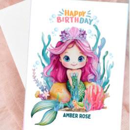 Cute Rosa & Blue Sjöjungfru Birthday Card för flic Kort