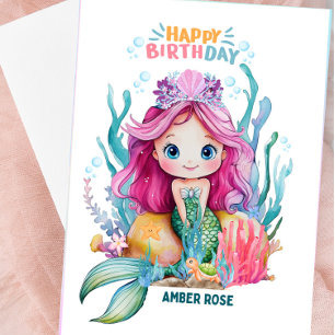 Cute Rosa & Blue Sjöjungfru Birthday Card för flic Kort