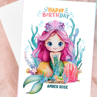 Cute Rosa & Blue Sjöjungfru Birthday Card för flic Kort